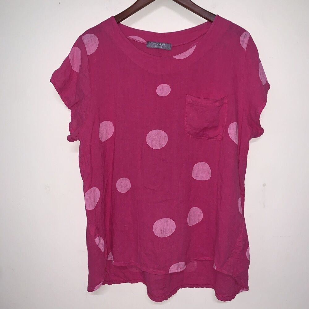 Grey Violet -Made In Italy 100% Linen Pink Polka Dot Minimalist Lagenlook Lg Top